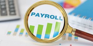 Magnifying glass and calculator on payroll graph